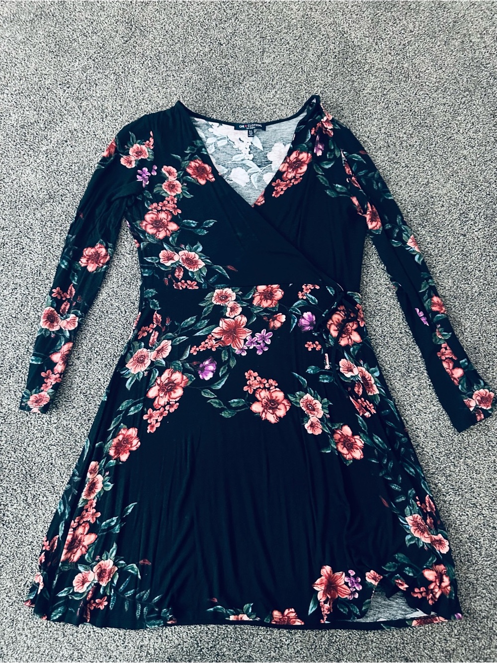 Black Floral Long-Sleeve Wrap Dress with Pink & Green Print